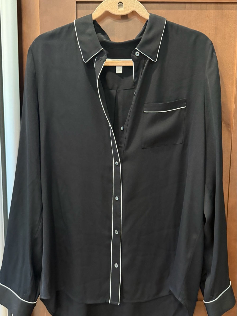 Nordstrom Black Button-Front Blouse with White Piping Trim